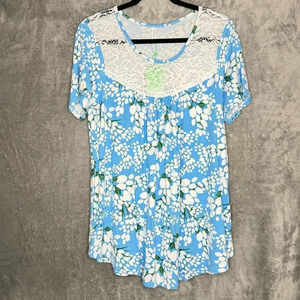 Taohuadao XL Shirt Top Blue Floral Short Sleeve Scoop Neck Stretch Lace Trim
